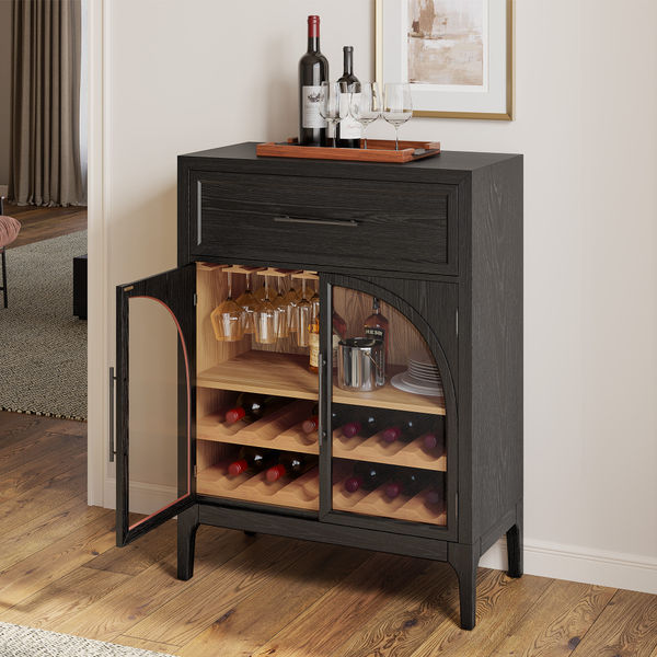 Valborg 36" Black Oak Arch Glass Door Bar Cabinet