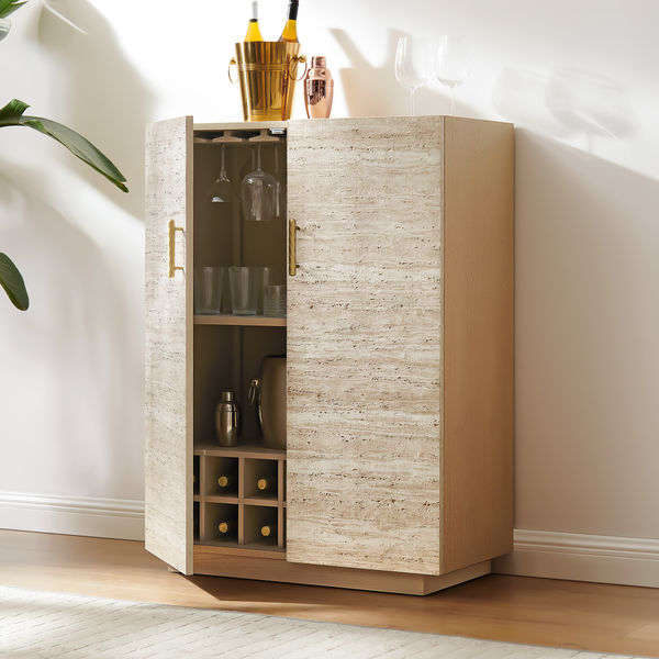 Renata 36" Luxury Travertine Textured Booze Cabinet | Modern Wine Storage with Built-in Racks