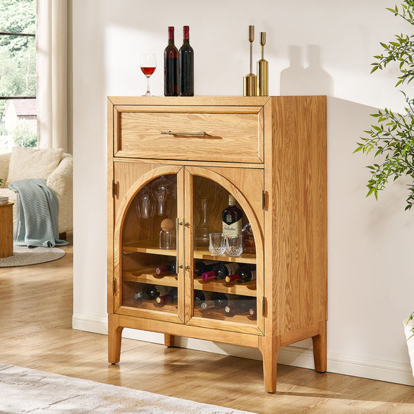 Valborg 36" Natural Oak Arch Glass Door Bar Cabinet
