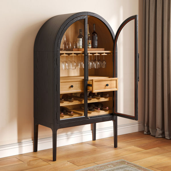 Valborg 36" Black Arch Glass Door Bar Cabinet - Solid Oak Bar Storage with Glass Racks
