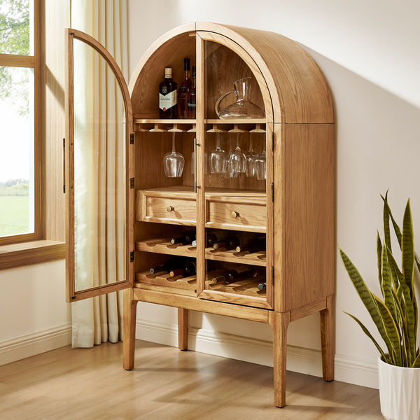 Valborg 36" Tall Bar Cabinet with Arched Glass Door and Drawers