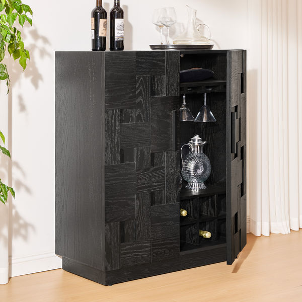 Modern Casimir 35" Black Oak Bar Cabinet with Geometric Patterned Door and Wine Glass Racks