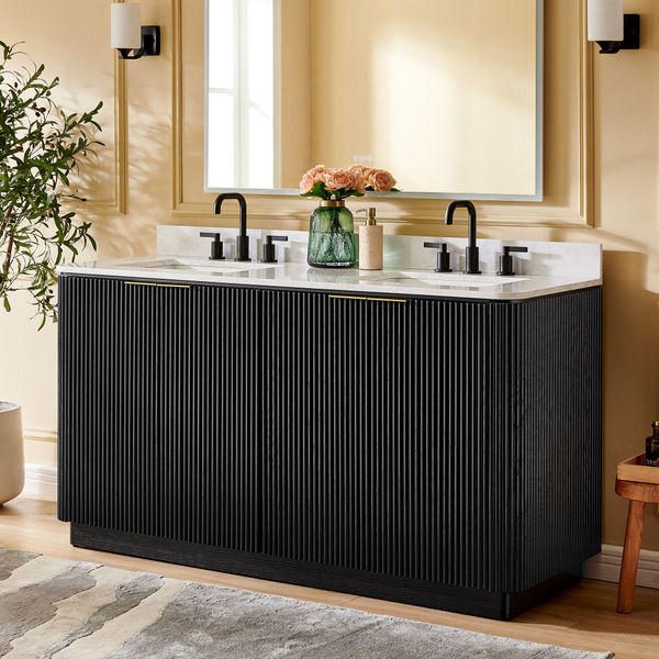 Marisol 63" Black Double Bathroom Vanity with Sink and Oak Fluted