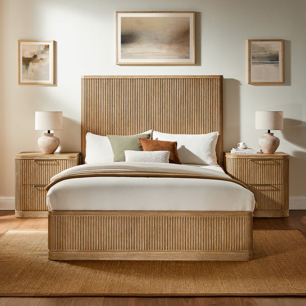 3-Piece Finnley Light Brown Wooden Fluted Bedroom Set with 2 Nightstands