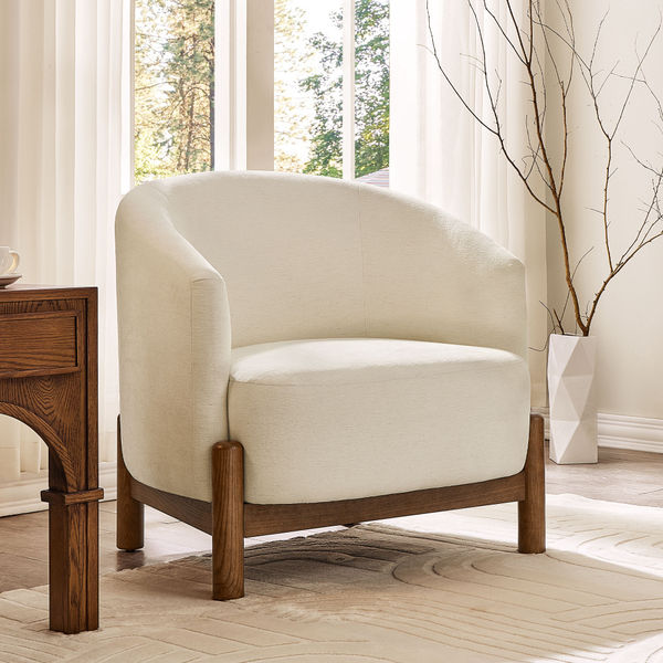 Curved Winged Accent Chair Cotton Fabricwith Solid Wood Legs for Living Room