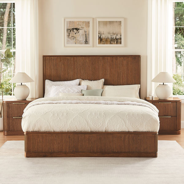3-Piece Finnley Brown Wooden Fluted Bedroom Set with 2 Nightstands