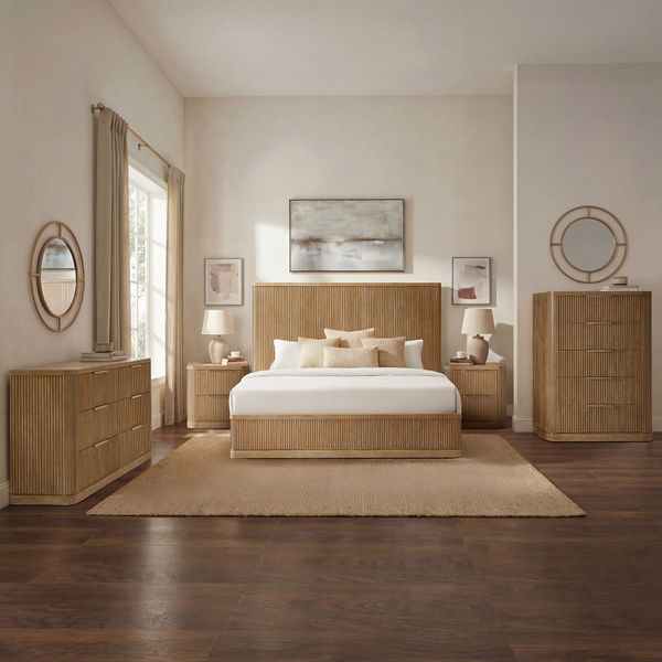 Mid Century Modern 5-Piece Finnley Light Brown Wooden Fluted Bedroom Set with 2 Nightstands