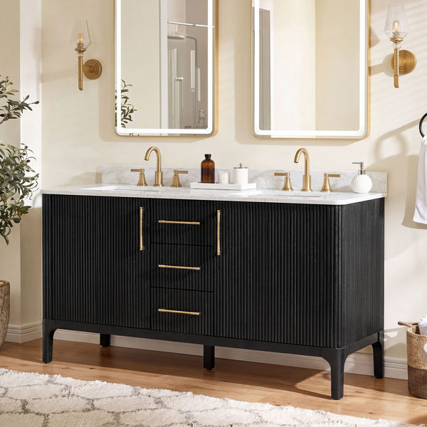Skugga 63 Inch Double Bathroom Vanity in Black Oak |  Fluted Bathroom Vanity