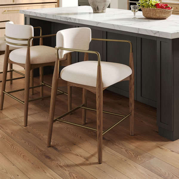 Alden Ash Wood Counter Stool with Metal Armrests and Backrest