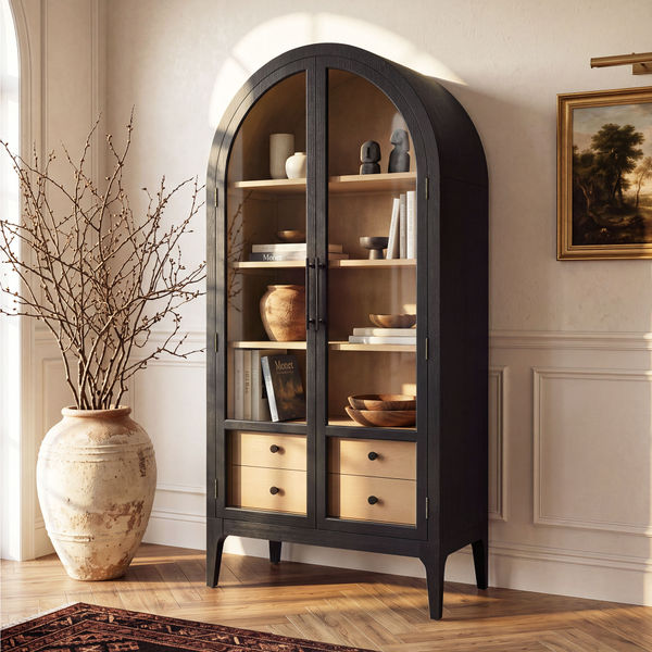 Valborg 36 Inch Black Oak Arch Cabinet with Adjustable Shelf and Drawers for Living Room