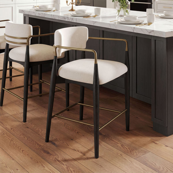 Alden Black Ash Wood Counter Stool with Metal Armrests and Backrest