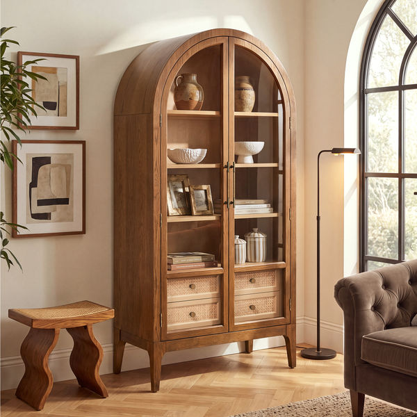 Valborg 36 Inch Brown Oak Display Cabinet with Shelves and Drawers for Living Room