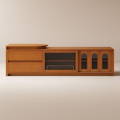 Hernest | 70 inch -90 inch Modern Solid Wood Retractable TV Stand with 2 Drawers & Glass Door Cabinet