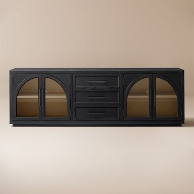 Hernest | 80 inch Black Oak TV Stand with Arch Design Glass Door Cabinets & 3 Drawers for Living Room