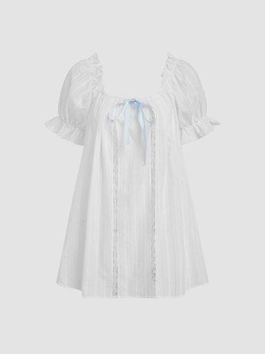 100% Cotton U-neckline Bowknot Lettuce Trim Puff Sleeve Mini Nightdress