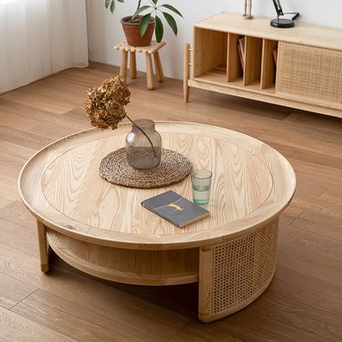 30 Inch Round Wood Coffee Table with Storage, 2-Tiered Japandi Style | Homary