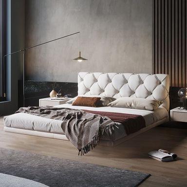 Modern King Floating Bed with Microfiber Upholstery Tufted Headboard in White 
