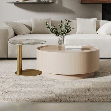 Set of 2 Round Nesting Coffee Table Set White Oak with 2 Drawers in White & Clear & Gold with Storage