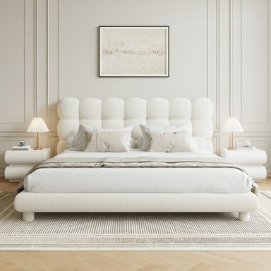 Modern White Boucle Upholstered Platform Bubble Queen Bed Frame