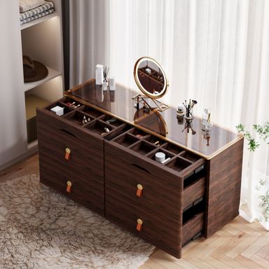 Chanor 1200mm Glass Top Walnut 6-Drawer Dresser
