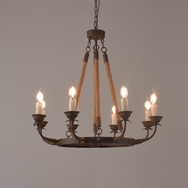 Rustic 8-Light Round Candelabra Chandelier Candlely with Hemp Rope & Metal in Rust
