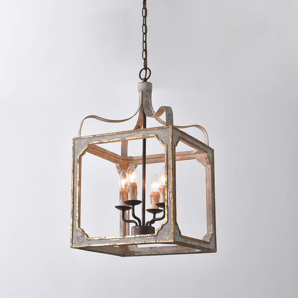 French 4-Light Lantern Chandelier Square Candelabra Pendant Light in Antique Gray