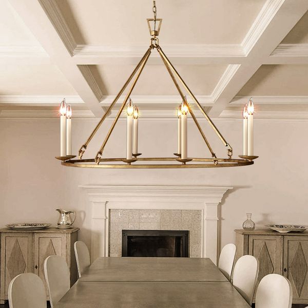 35" Rustic Gold Wagon Wheel Chandelier Antique Brass Round Metal Ceiling Light with Candle-Style Bulbs