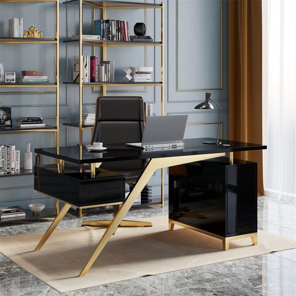 Hungled 55" Modern Black and Gold Office Wooden Writing Desk with Storage File Cabinet