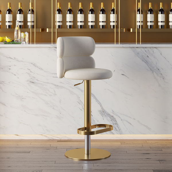 Warm White Velvet Swivel Upholstery Bar Stool with Backrest & Adjustable Gold Base Counter Stool