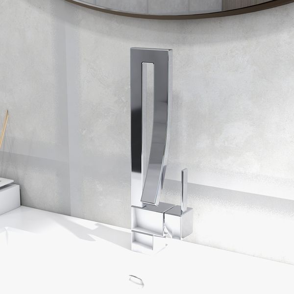 Single Handle Single Hole Bathroom Sink Faucet with Waterfall Spout in Chrome Brass