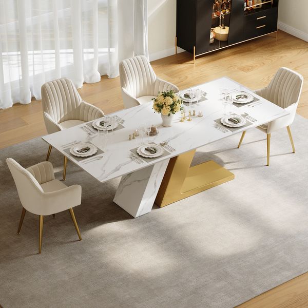 79" Rectangle Faux Marble Dining Table for 8 People Affordable Luxury Modern White