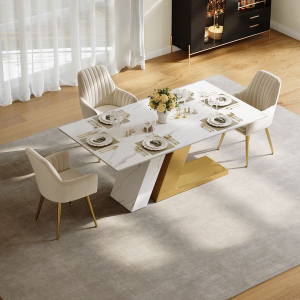 Luxotic Modern 63" White Dining Table for 6 Rectangle Sintered Stone & Stainless Steel