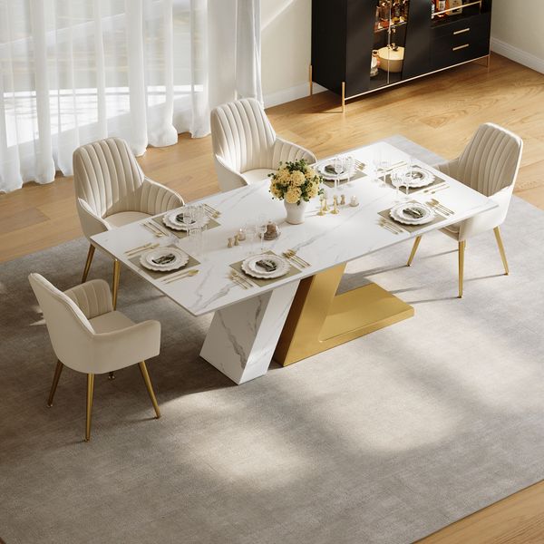 71" Rectangle Faux Marble Dining Table for 6 People Affordable Luxury