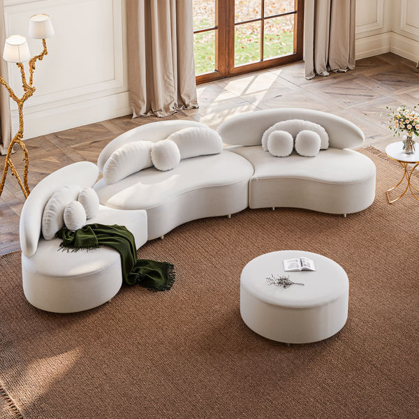Modern 7 Seat Sectional Sofa Curved Modular Beige Velvet Upholstered with Ottoman