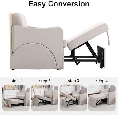 3-in-1 Convertible Sleeper Chair: Recliner, Pull-Out Bed & Desk with Adjustable Seat Back for Small Space, Apartment, Office, Beige