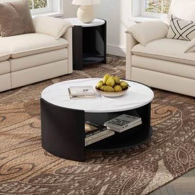 Modern Round Coffee Table for Living Room, 37.5" Black Curved Table with White Faux MarbleTabletop, Farmhouse Sofa Center Table with Storage for Reception/Bedroom/Office Black & White 1 Coffee Table