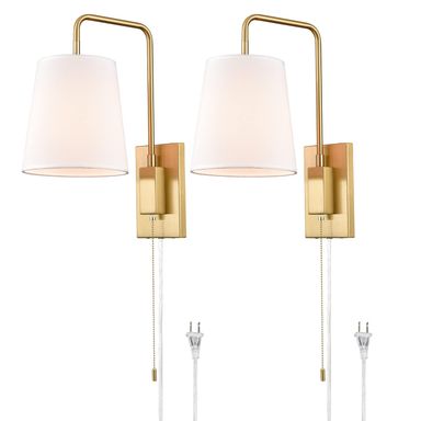 Wall Sconces Set of Two, Gold Fabric Shade Wall Sconce Bedroom Plug-in Wall Lamp Set of 2