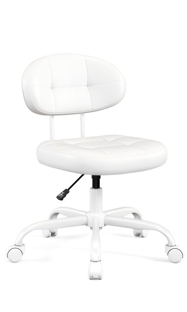 Misolant Vanity Chair with back, Small Armless Cute office Chair with wheels and Lumbar support, Comfy PU Leather Desk Computer Chairs with Adjustable Height, 360°Swivel for Home Bedroom Office, White