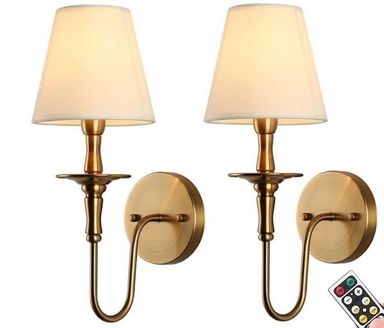 KEFA Wireless Battery Operated Wall Sconces Set of 2,No Wiring Rechargeable Wall Lights with Remote,Antique Brass Vintage Fabric Shade Wall Lamp Fixtures for Living Room Bedroom Hallway Farmhouse TV