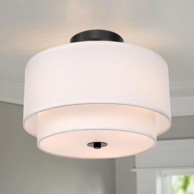 Modern Flush Mount Ceiling Light Fixture - Easric Light Fixtures Ceiling Mount Hallway Light Fixtures Ceiling with White 2-Layer Fabric Shade Drum Ceiling Lights for Bedroom,Living Room,Kitchen,Foyer Black+White Drum Light 12.6 inches