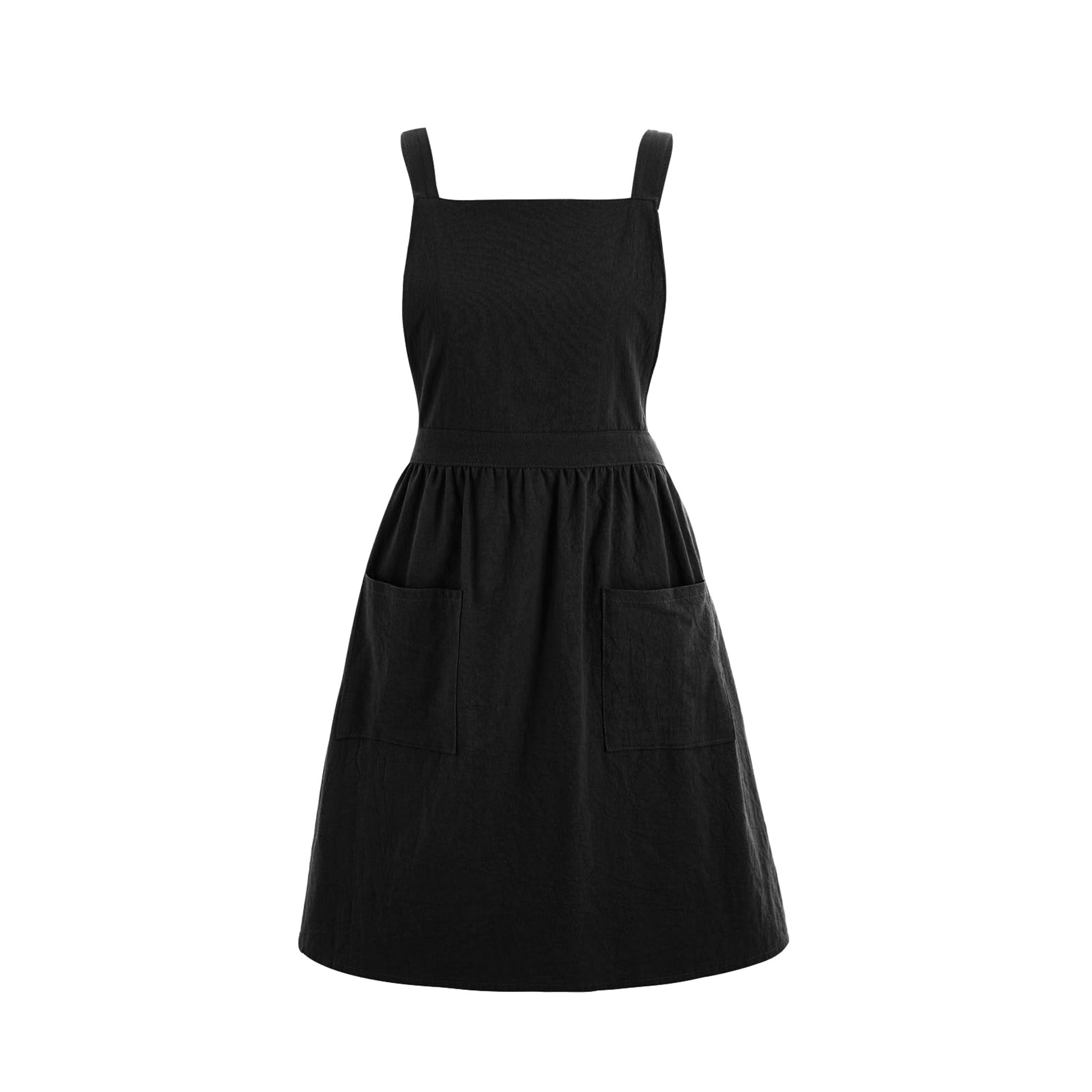 Women's Black Cotton Linen Pinafore Apron Dress with Pockets for Kitchen Gardening