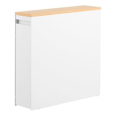 Yamazaki Home Pull-Out Bathroom Storage Cabinet – Slim Bathroom Storage Cabinet with Wood Top, Steel Organizer for Toilet Paper and Cleaning Supplies, Modern Space-Saving Design, White - Steel + Wood