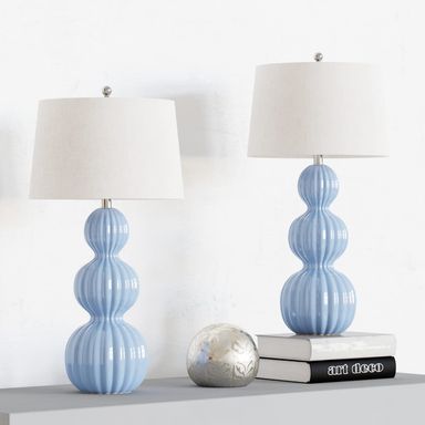 Maxax Set of 2 Ceramic Table Lamps, 3-Way Dimmable Gourd Bedside Nightstand Lamps with White Shade for Bedroom, Living Room, Office, Blue Finish - 28 Inches