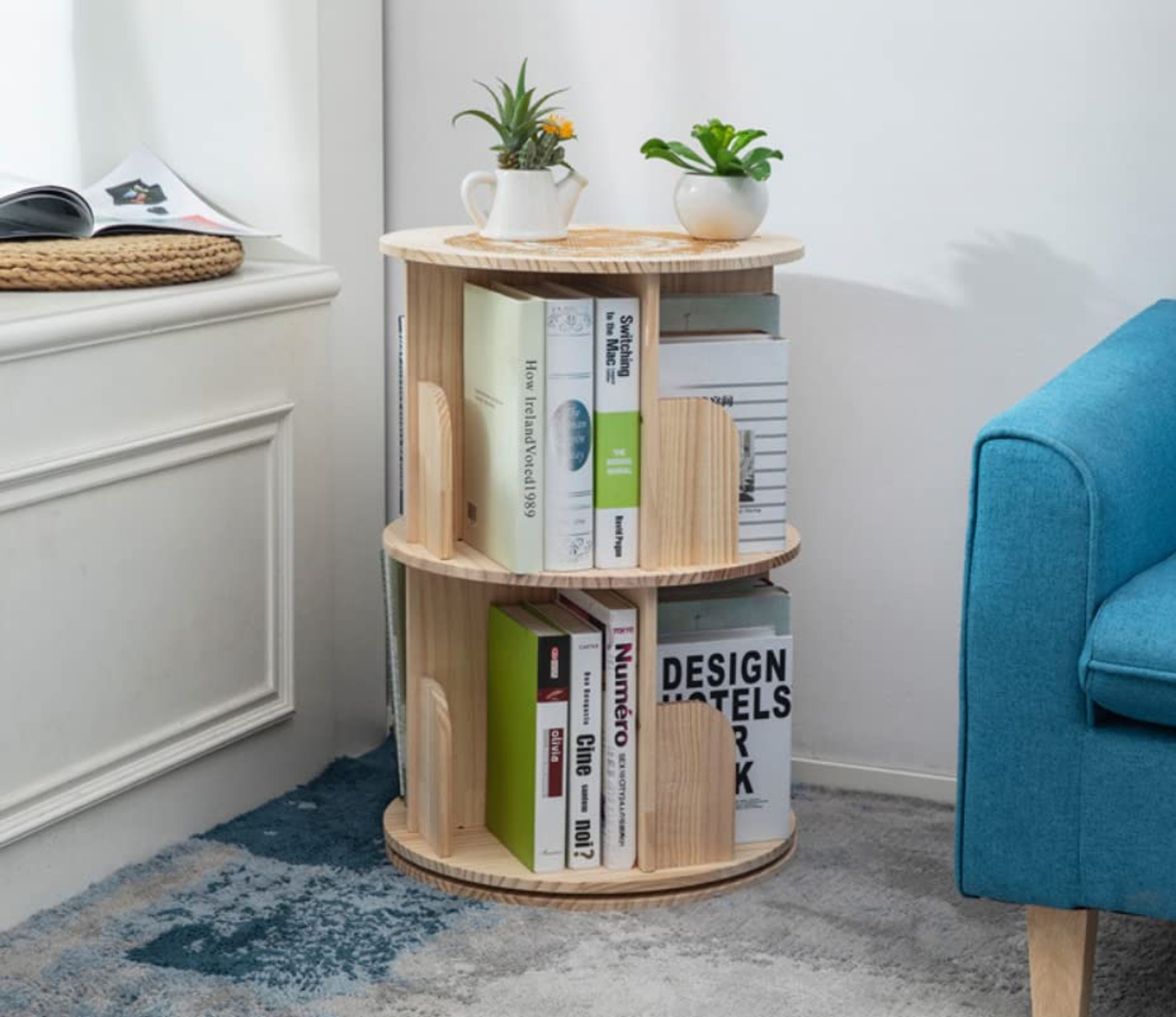 2-Tier Wooden Rotating Bookshelf 360° Display for Kids & Adults