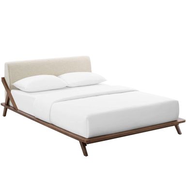 Modway Luella Upholstered Fabric Queen Sled Platform Bed Frame With Headboard In Walnut Beige Walnut Beige Queen