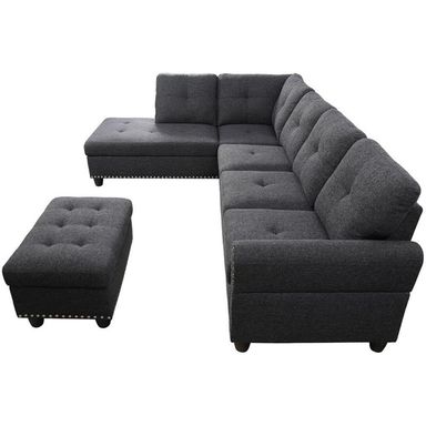 Devion Furniture Polyester Fabric Sectional Sofa with Lift-top Storage Ottoman, Tufted Design, in Dark Gray Finish
