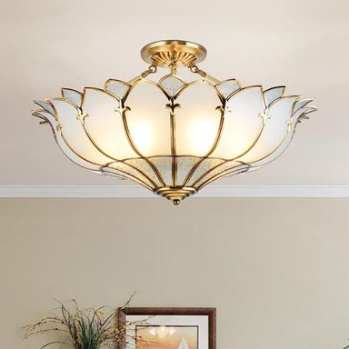 Petal Brass Semi-Flush Mount Ceiling Light, Elegant Frosted Glass Ceiling Light Fixture for Living Room Hall Bedroom, 6 Lights