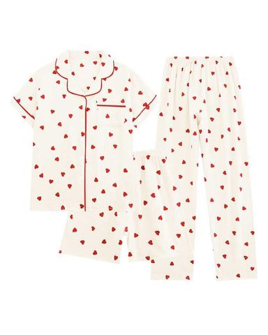 Womens 3pcs Cotton Pajamas Set Short Sleeve Sleepwear Fruit Print Cute Pj Set with Long Pants Heart Beige Medium