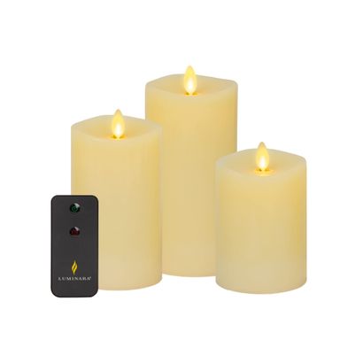 Luminara Realistic Flameless LED Candle Ivory Set of 3, Battery Operated with Remote Control, Moving Flame Pillar Timer Funtion Melted Top Safe