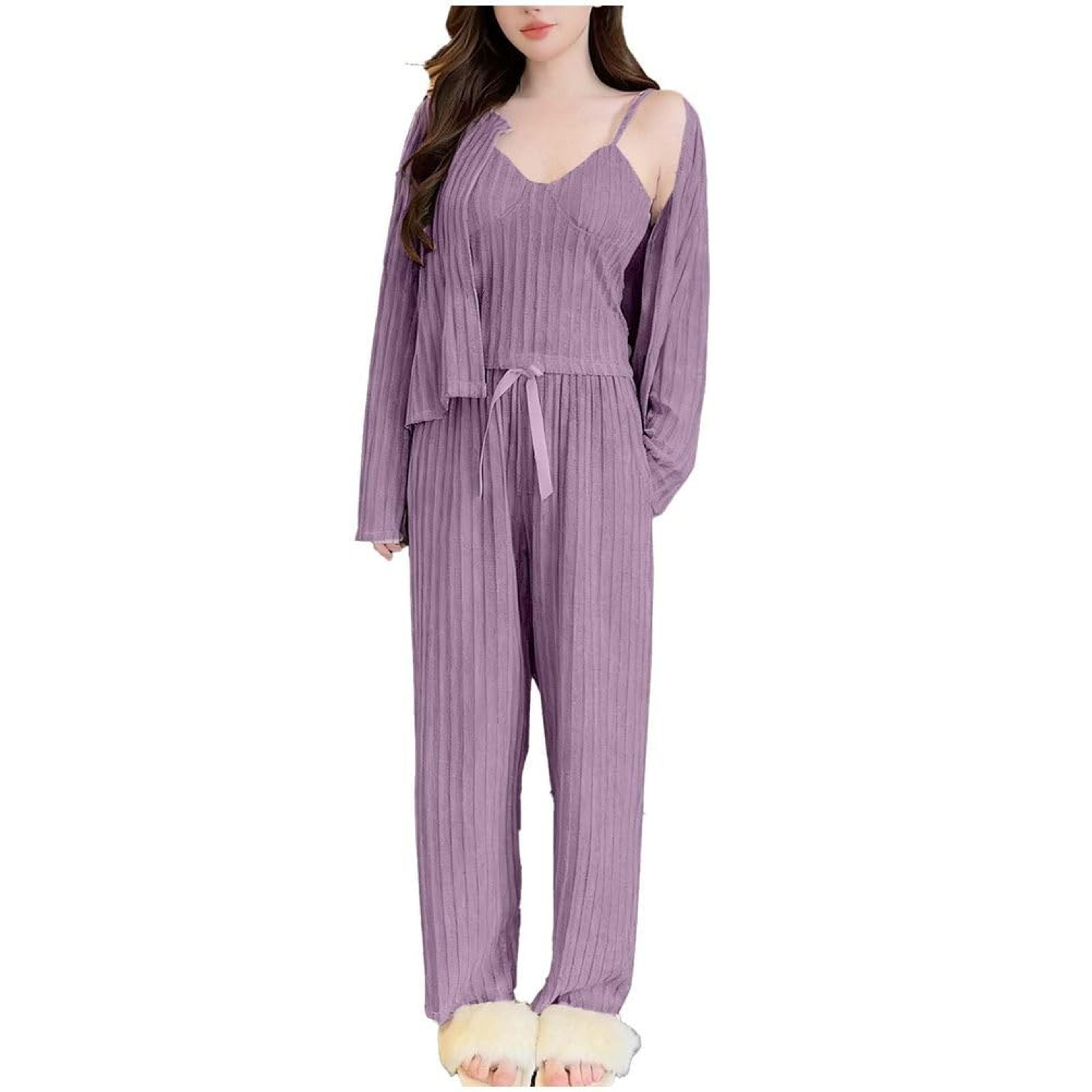 Women's 3-Piece Purple Pajama Set: Built-in Bra Cami, Cardigan & Pants